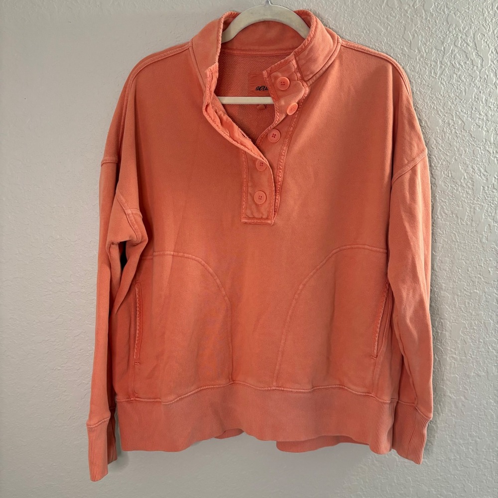Aerie Coral Orange Button Up Mock Neck Sweatshirt Small Oversized Pullover